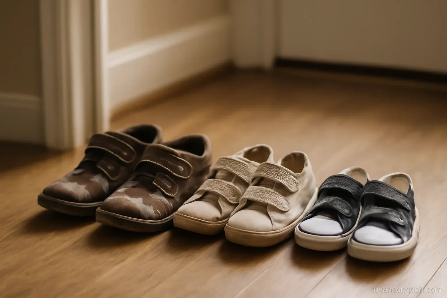 three differently sized pairs of childrens shoes lined up by a doorway, oldest to newest