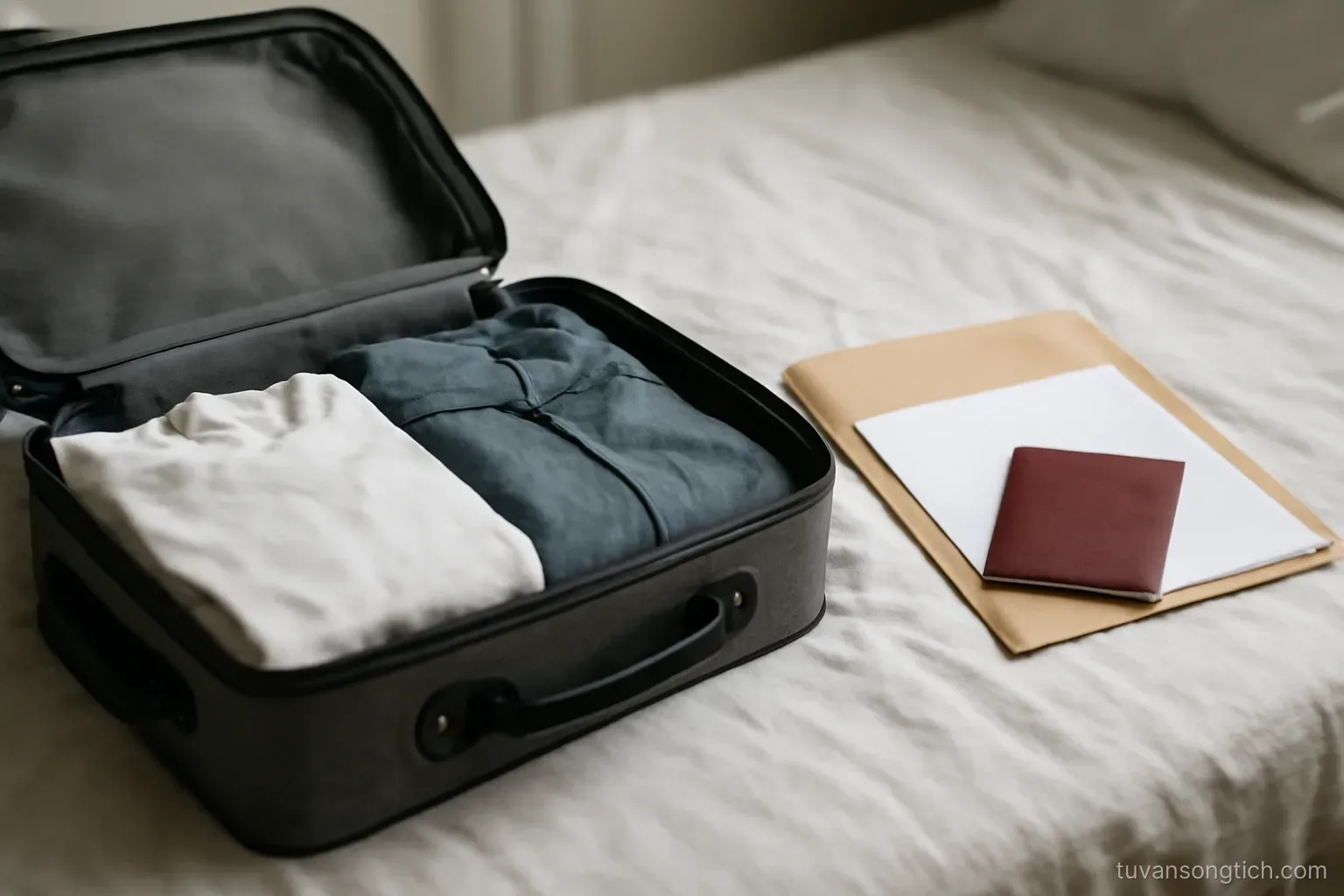an open suitcase on a bed beside a folder of documents and a passport, clothes folded but not yet packed