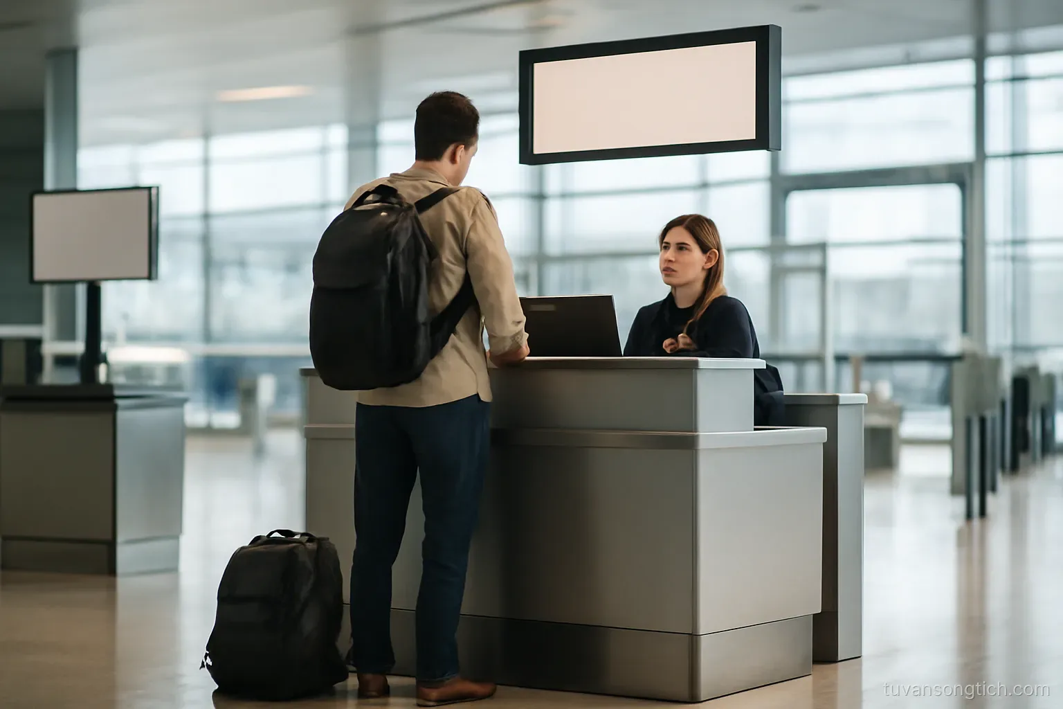 a traveller standing at a secondary inspection desk in an airport, backpack on the floor beside him