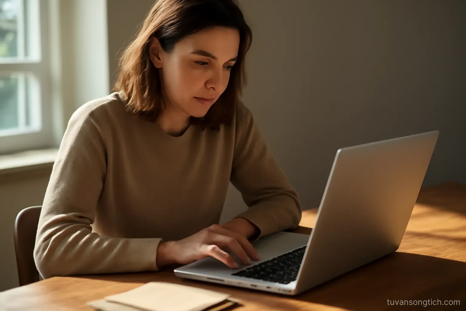 a woman at a desk with an open laptop and a small stack of envelopes, morning light across the table