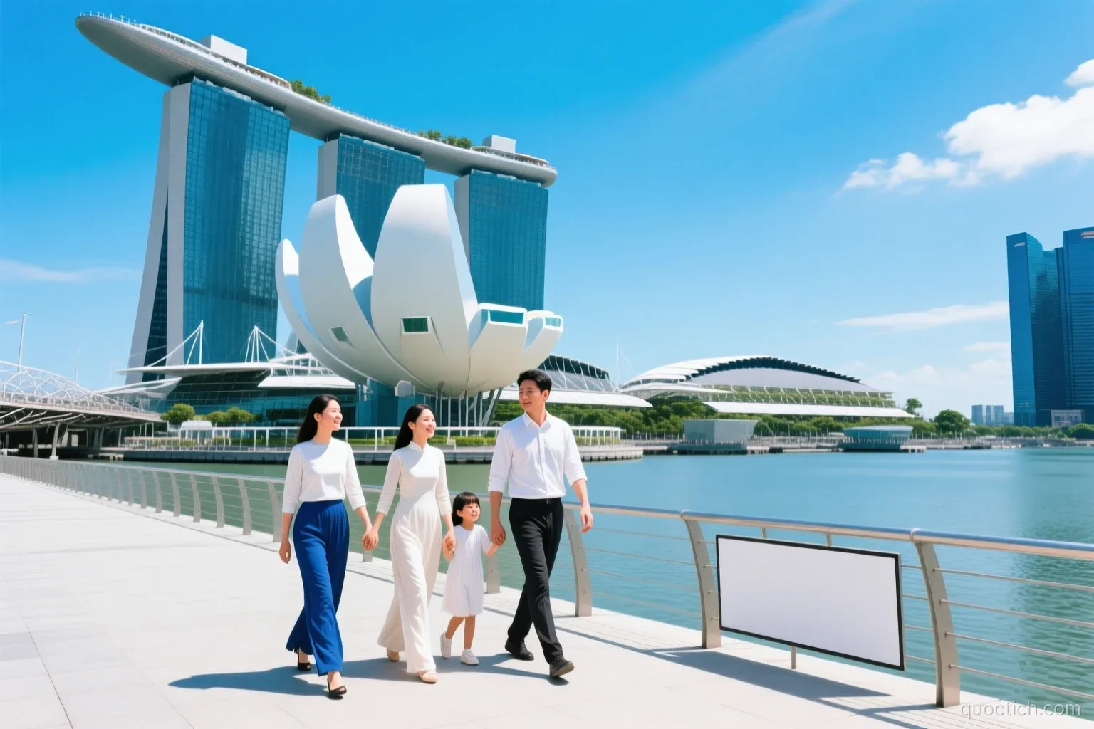 Vietnamese family of four strolling the waterfront promenade at Marina Bay in Singapore with the lotus-shaped ArtScience Museum behind them, wide shot, sunny blue sky