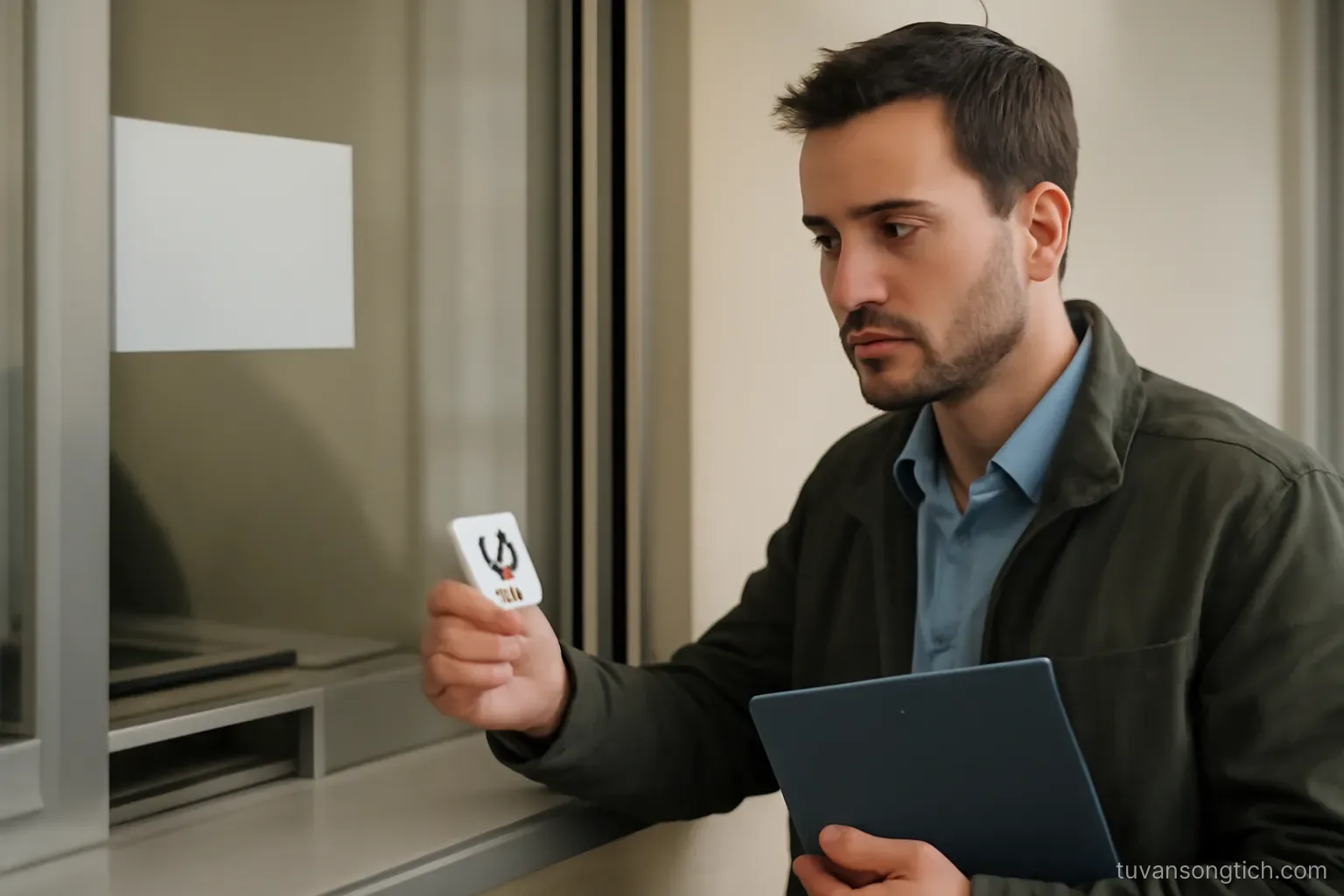 a man at a consular service window holding a thin folder, a queue number slip between his fingers
