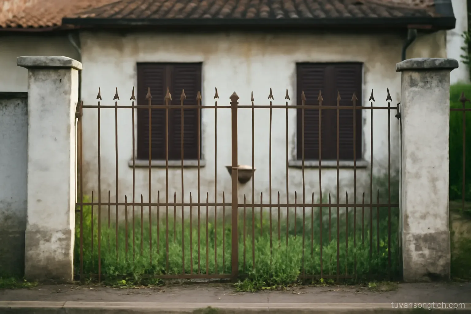 a locked house with closed shutters seen from the street, weeds growing at the base of the gate