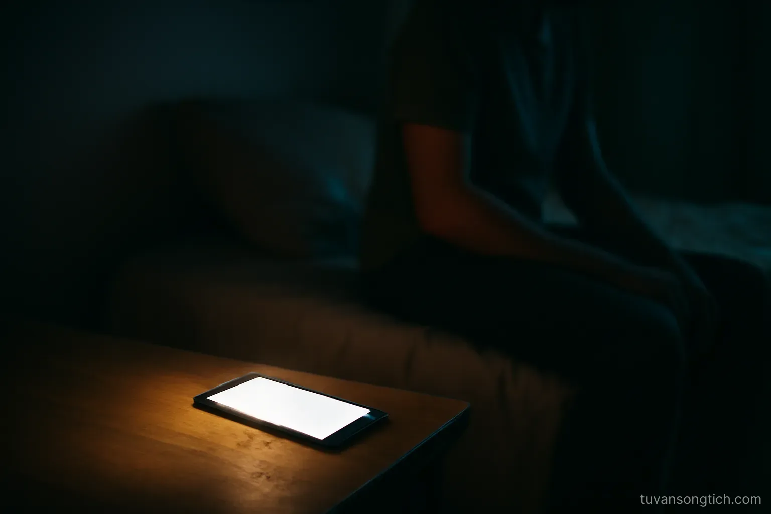 a phone lit up on a bedside table in a dark room, a person sitting up on the edge of the bed