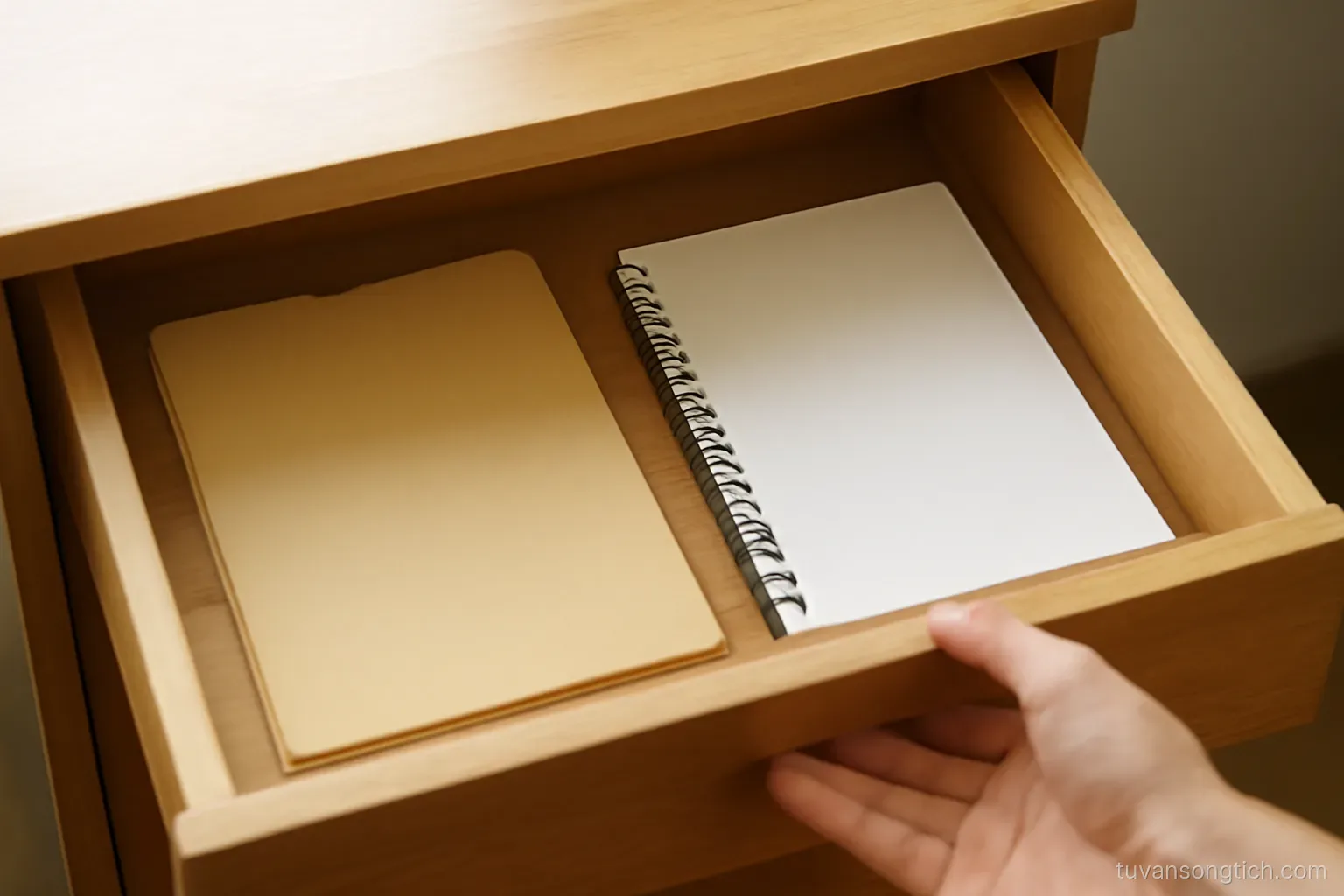 a labelled folder and a notebook placed together in a drawer, a hand closing the drawer gently