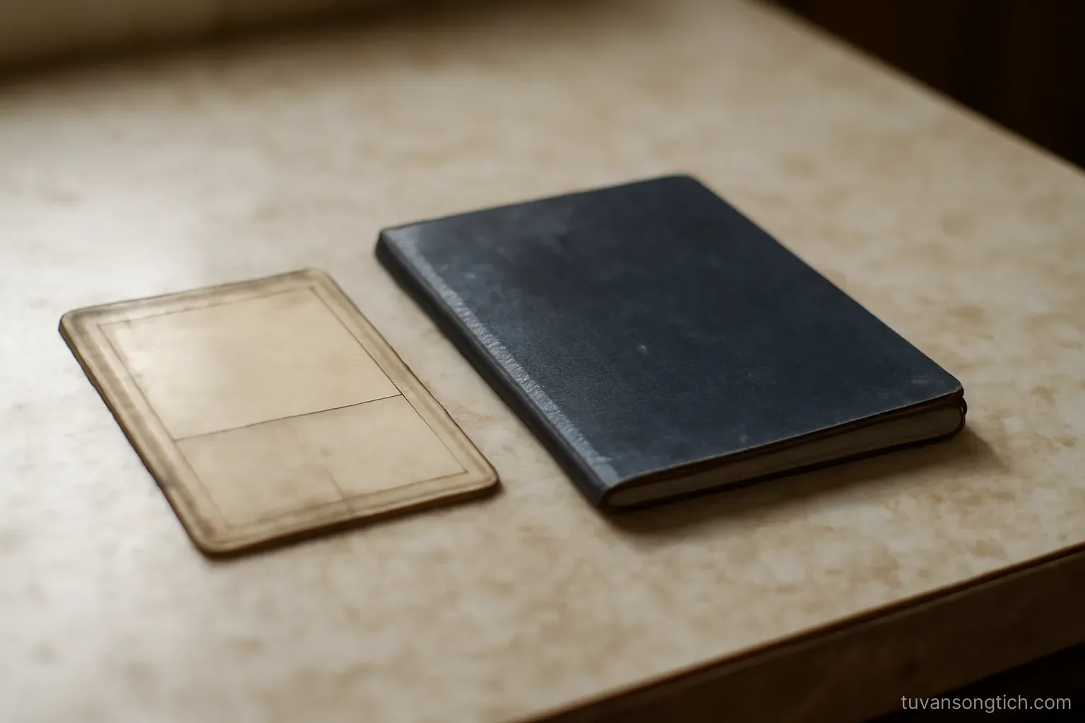 a worn laminated identity card and a passport lying side by side on a kitchen table, edges softened by age
