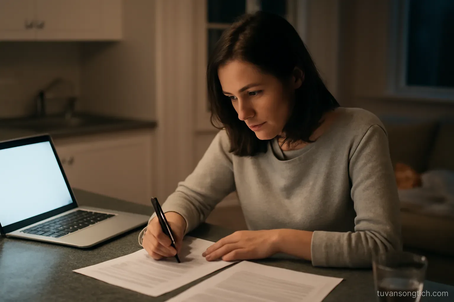 a mother filling out forms at a kitchen counter late at night, a child asleep on the sofa behind her