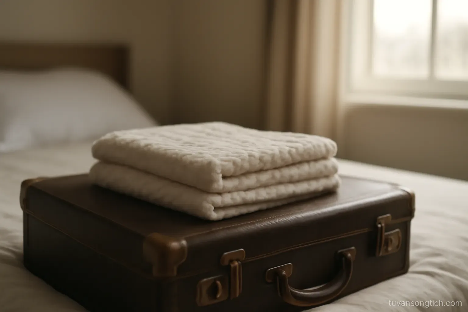 a folded baby blanket resting on a closed suitcase in a quiet bedroom, morning light from a window
