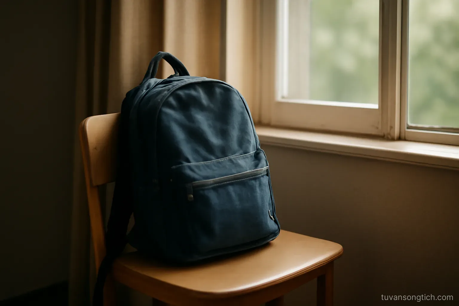 a teenagers school bag left on a chair beside an open window, curtains still, afternoon light