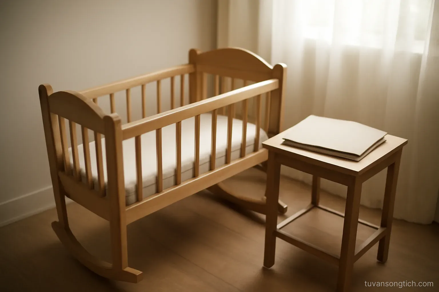 an empty wooden cradle beside a small side table holding a closed folder, soft daylight