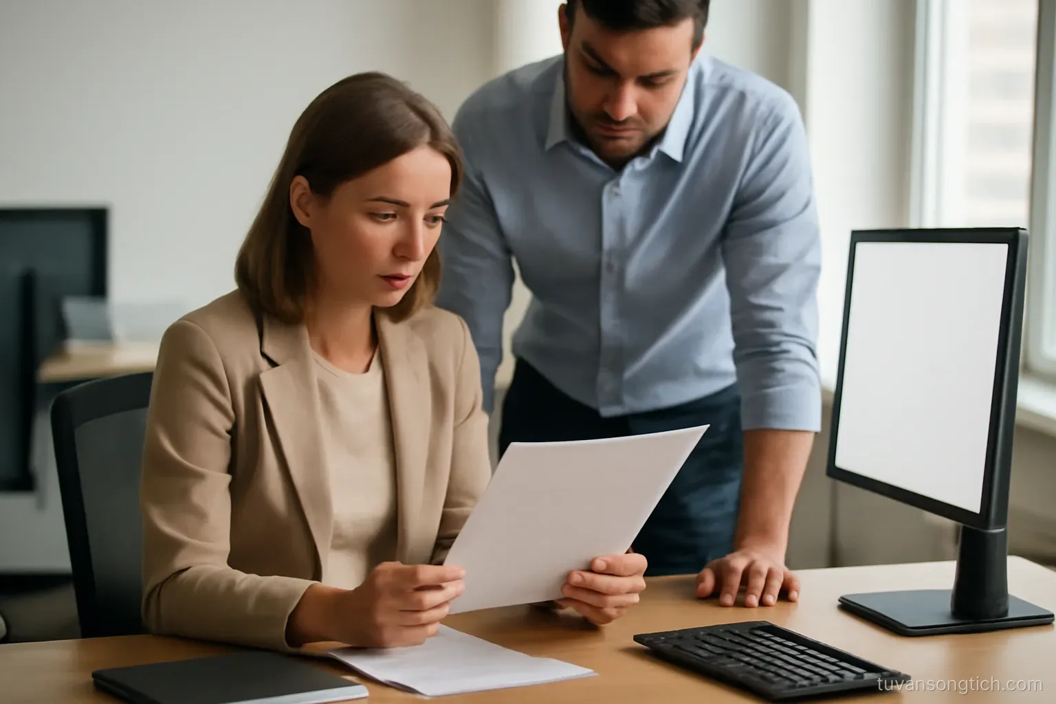 a woman in an office reviewing a printed employment packet with a colleague standing beside her desk