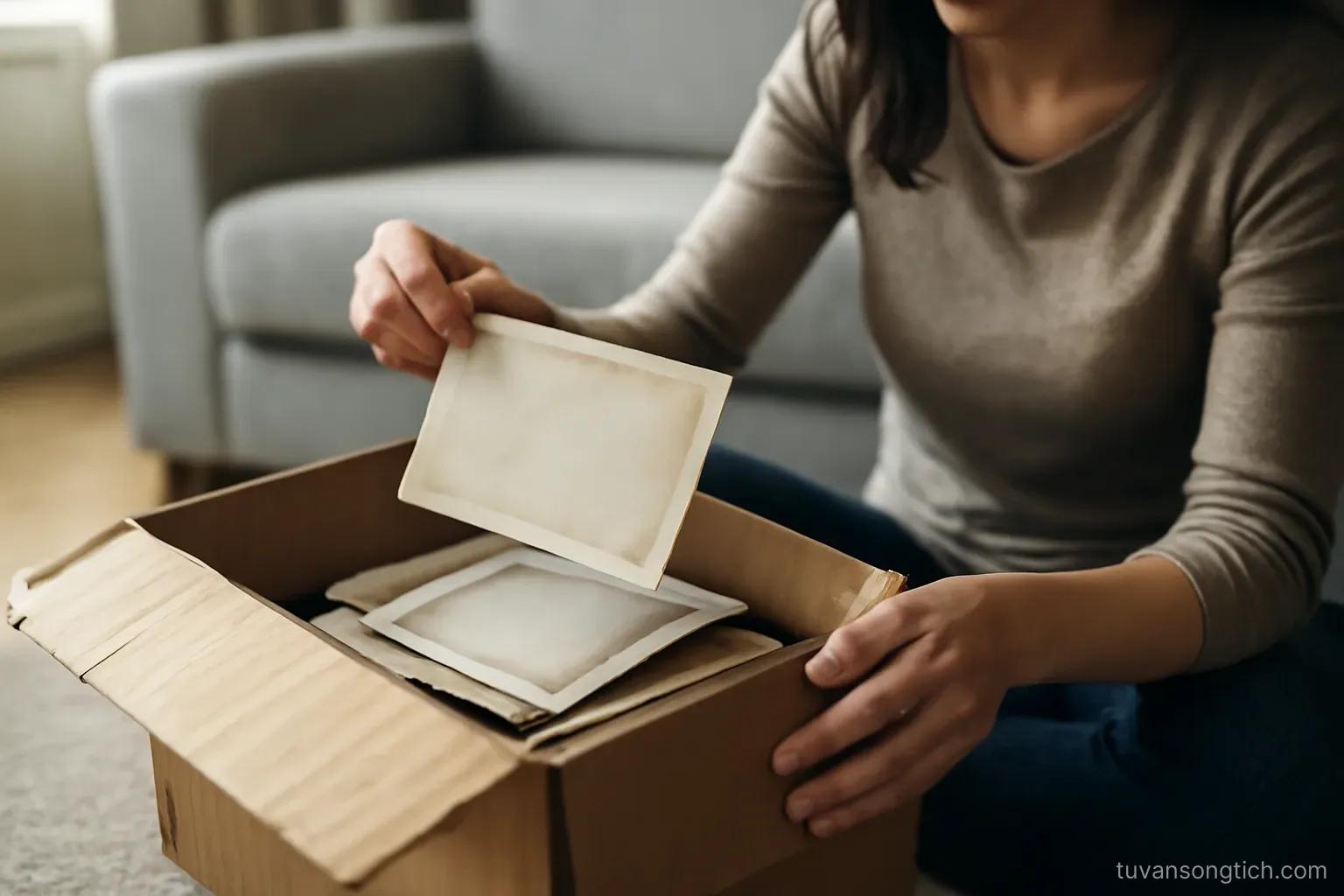 a woman opening a worn cardboard box of old documents on a living room floor, photographs slipping out