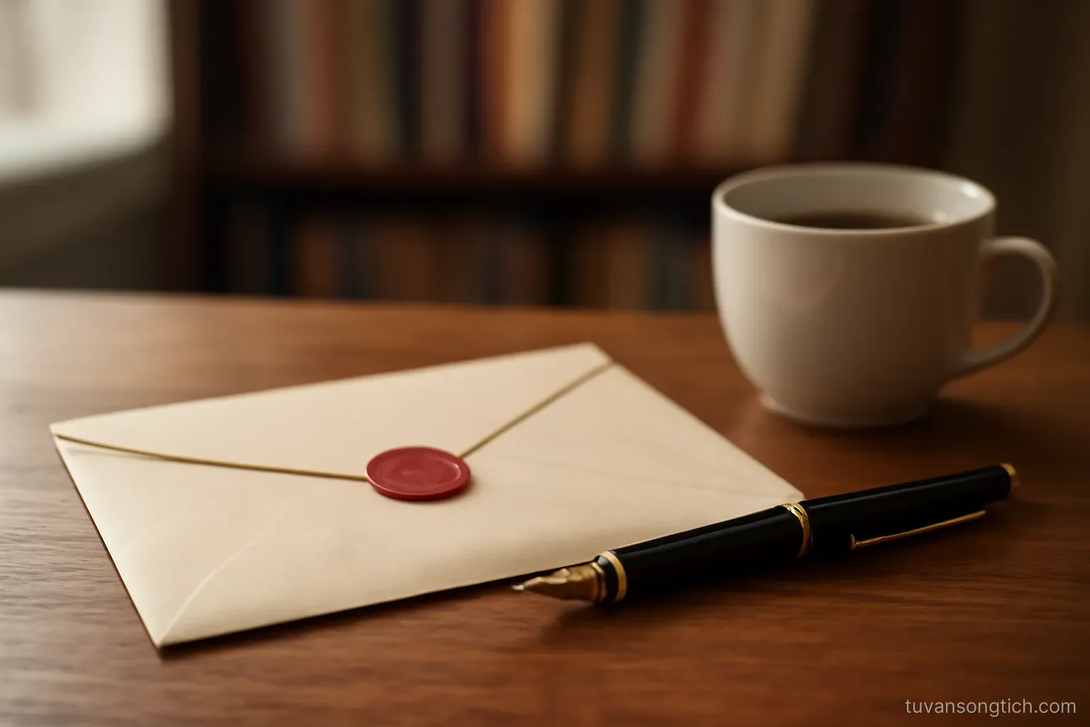 a sealed envelope and a fountain pen on a desk beside a cup, a bookshelf blurred in the background