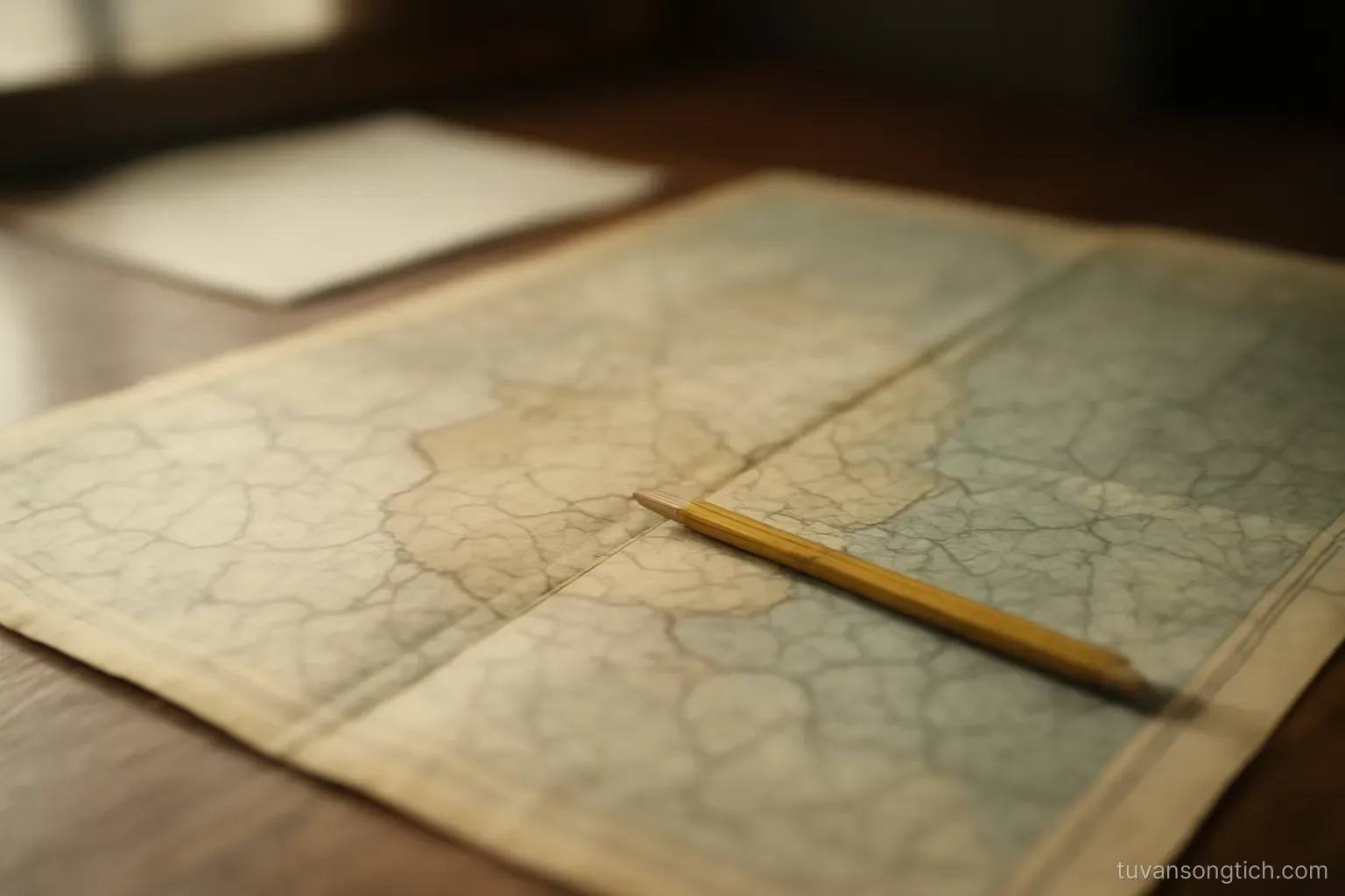 an old administrative map unfolded on a desk, a pencil resting where two districts meet