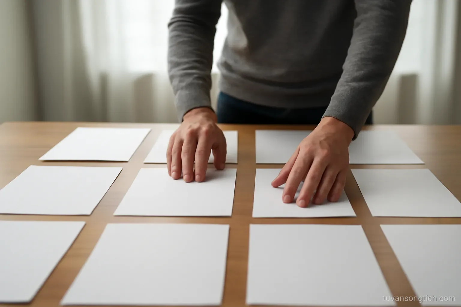 a person arranging documents into four neat rows on a large table, hands smoothing one page flat