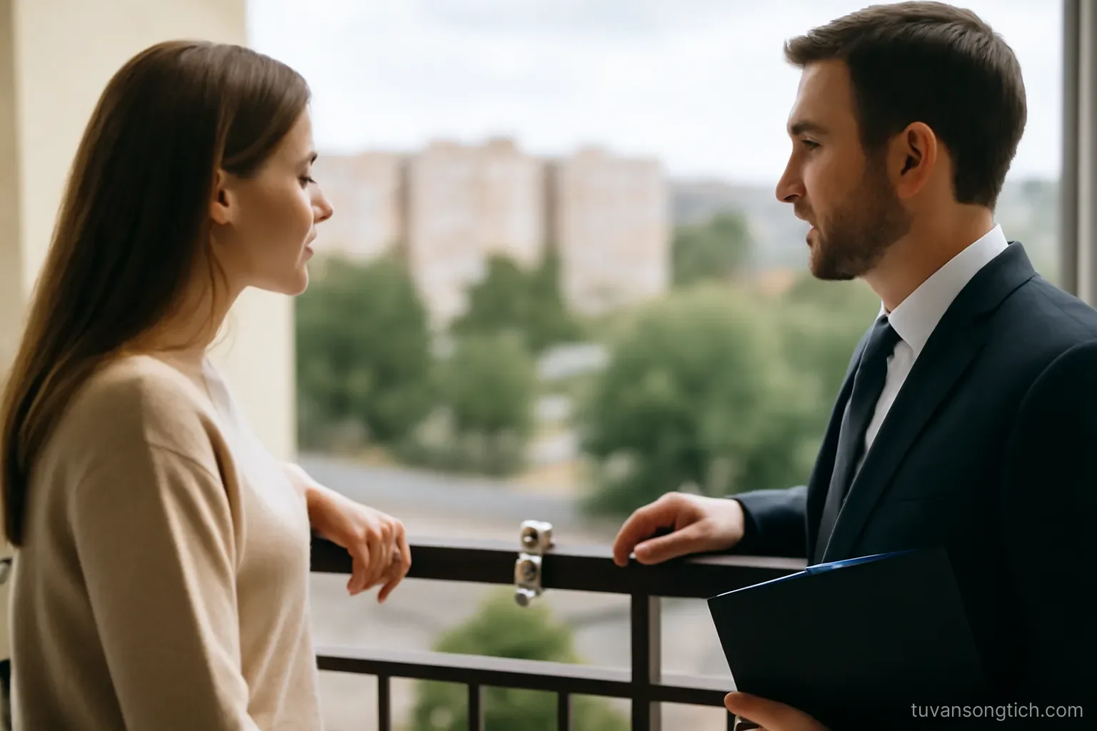 a woman and an agent looking at an apartment balcony view, a set of keys on the railing between them