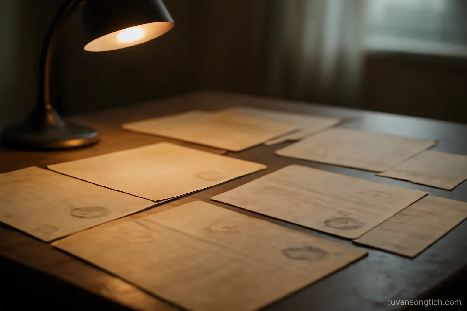 yellowed paper documents with faded official stamps spread across a table under a desk lamp