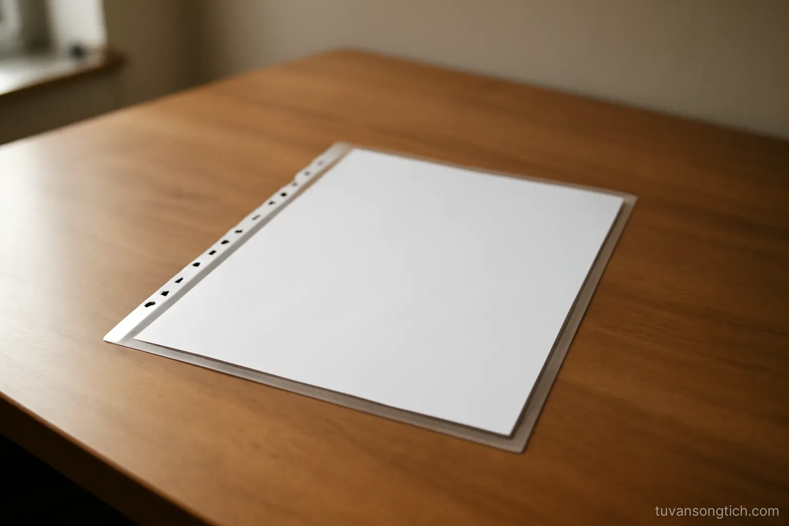 a single sheet of official-looking paper inside a plastic sleeve on an otherwise empty desk