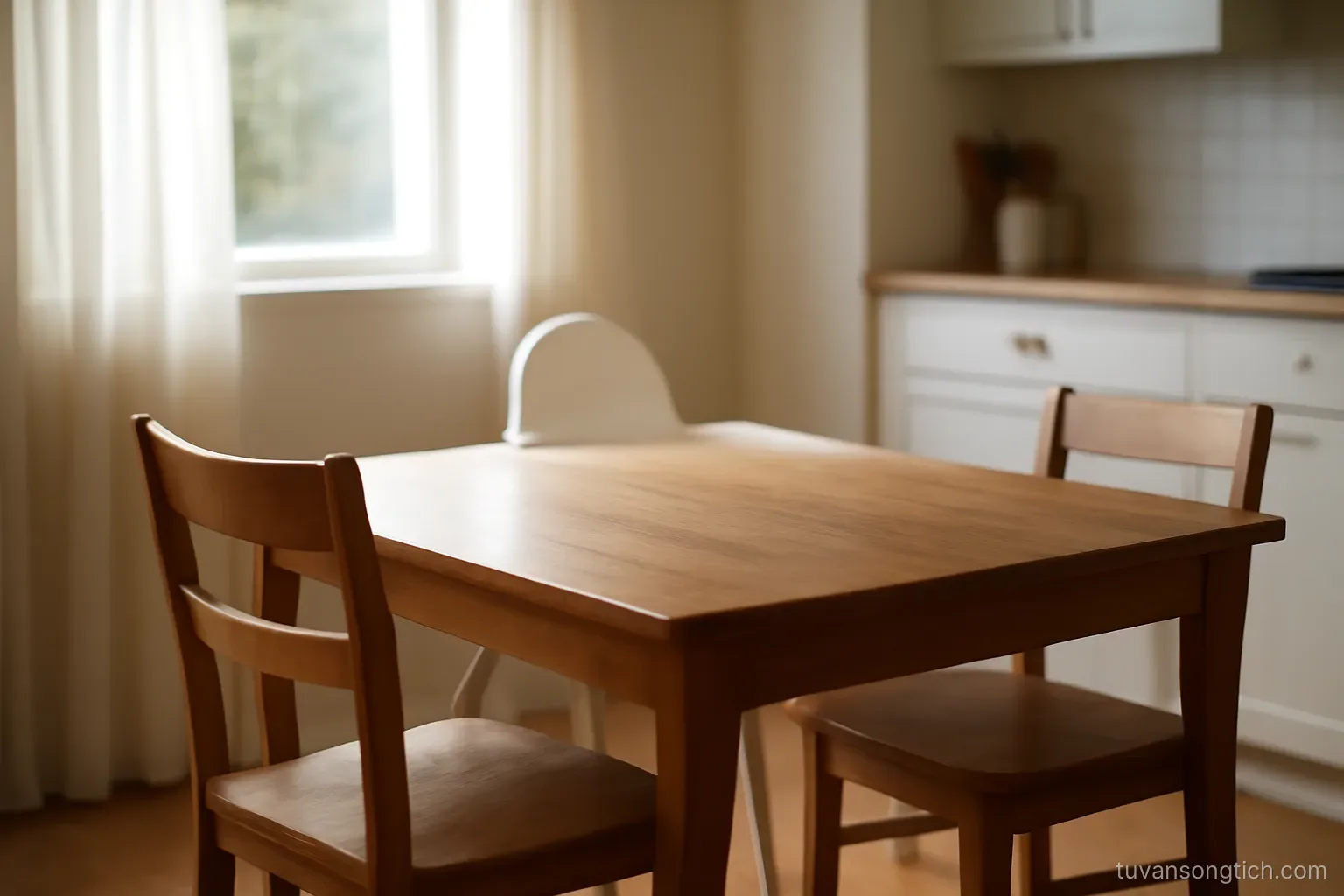 a kitchen table with two chairs on opposite sides and an empty highchair at one end