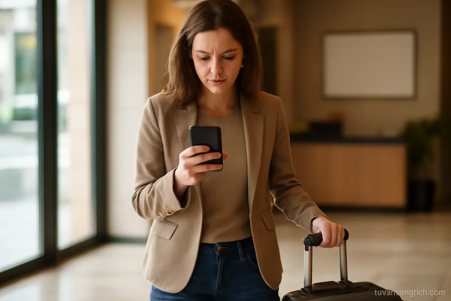 a woman checking a phone screen anxiously while standing in a hotel lobby, small suitcase at her feet