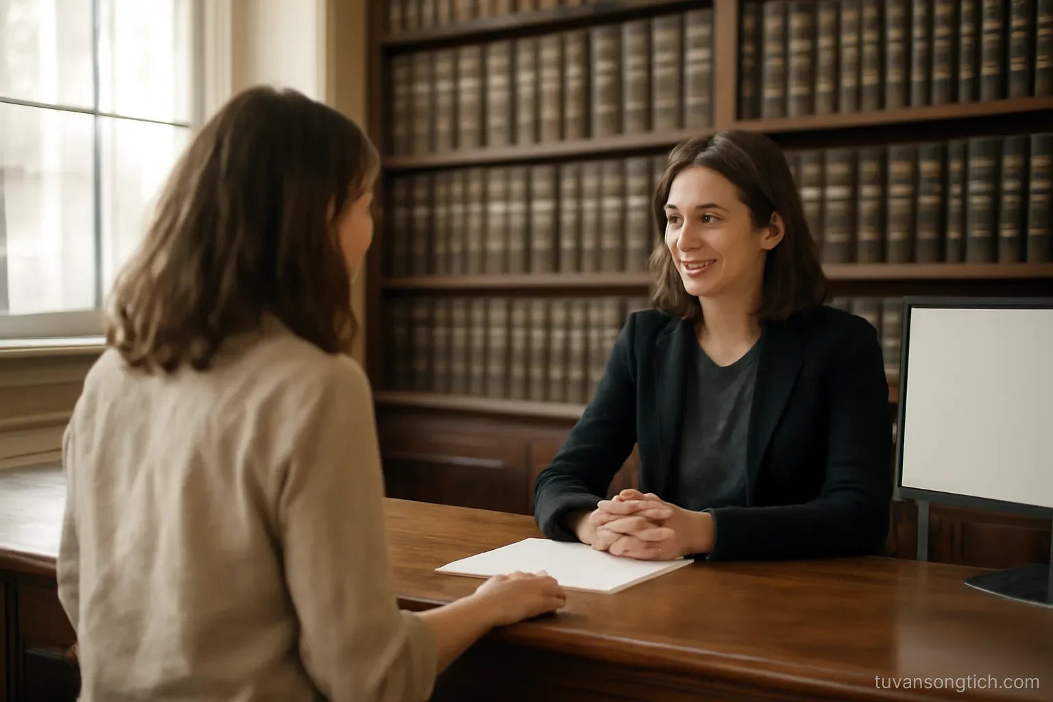 a woman speaking with a clerk across a wooden counter, shelves of bound ledgers along the wall behind them