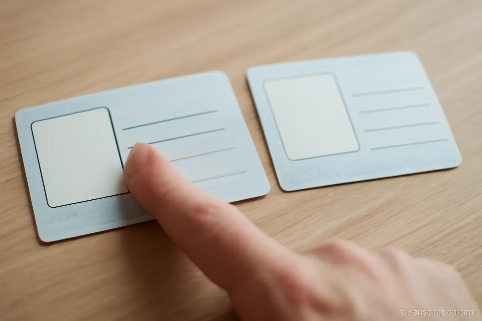 two identity documents laid side by side, a finger pointing at the name line on one of them