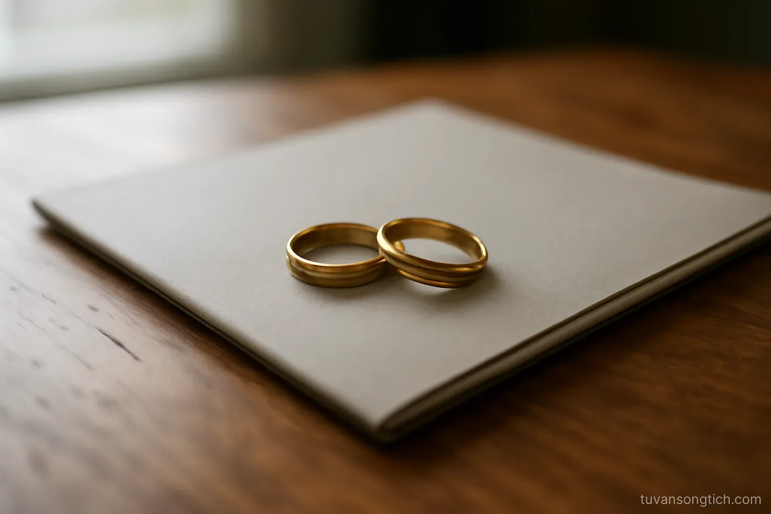 two plain wedding bands resting on a closed folder on a wooden table, soft daylight