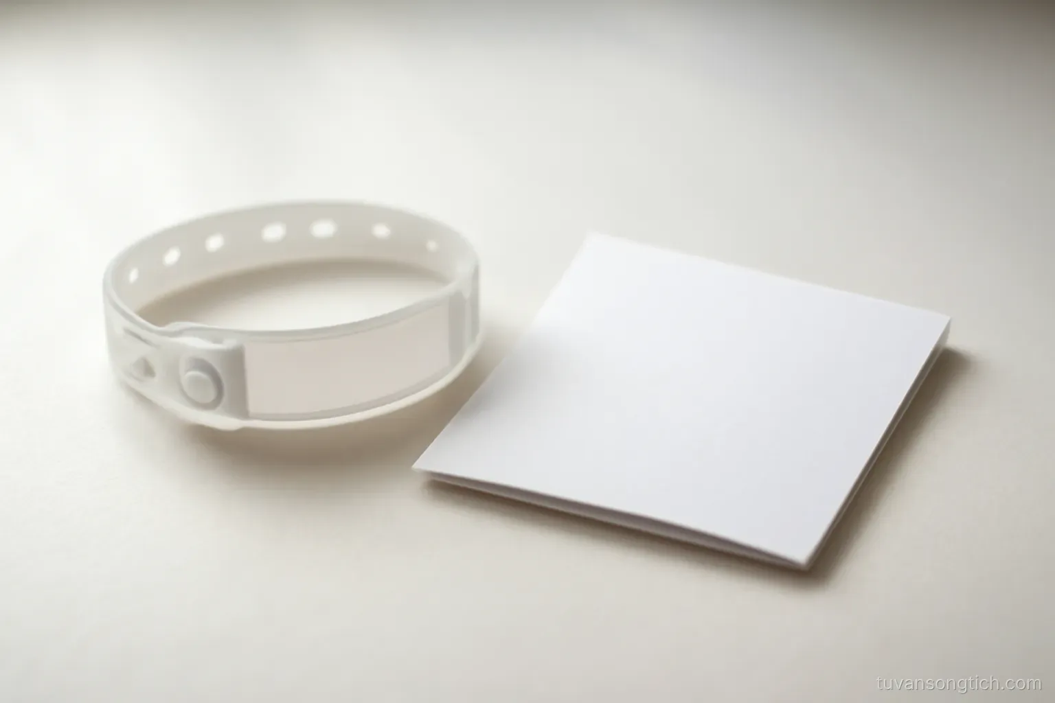 a hospital wristband and a folded certificate lying together on a white surface, both blank