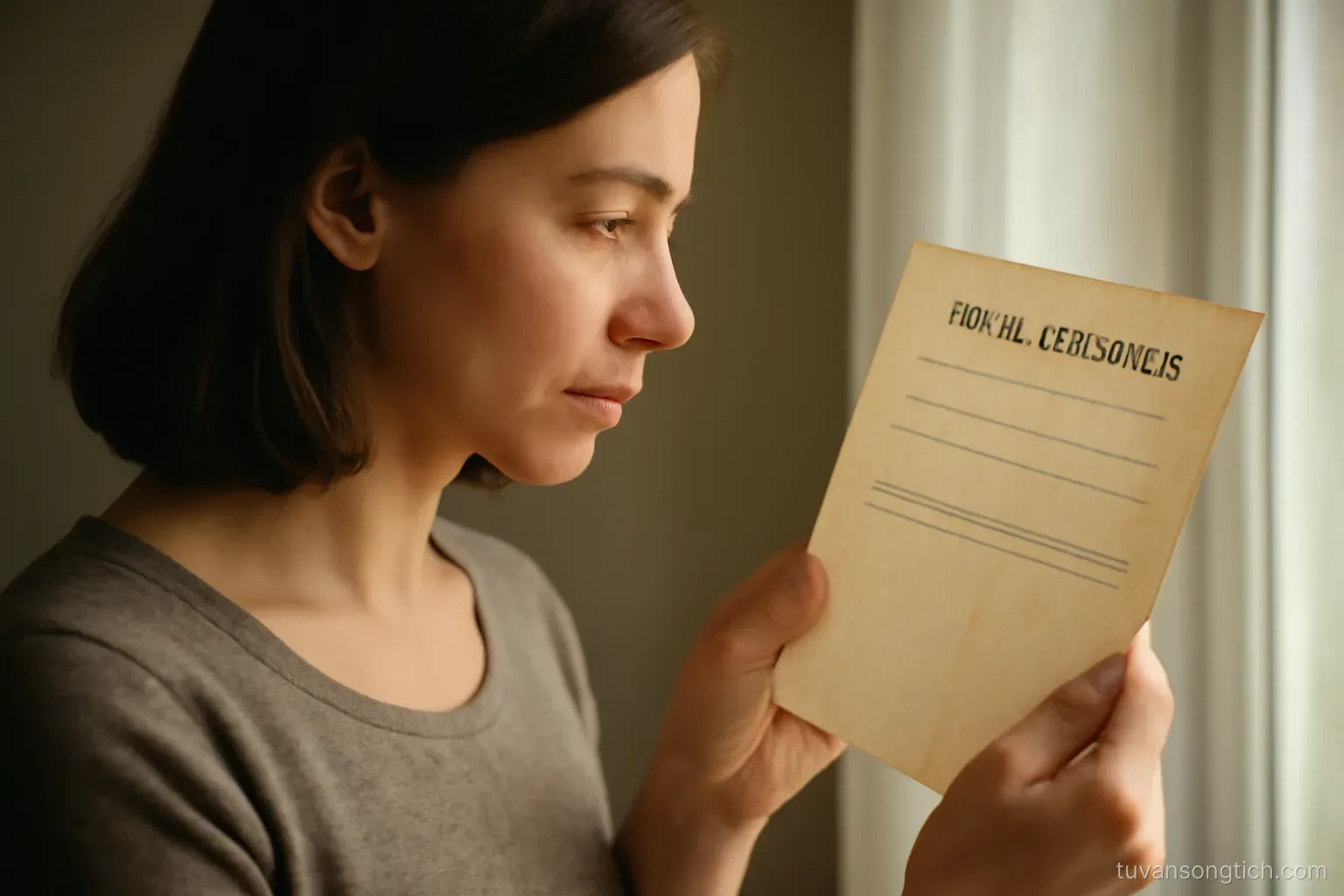 a woman holding an old folded birth certificate up to window light, reading a blank line on it