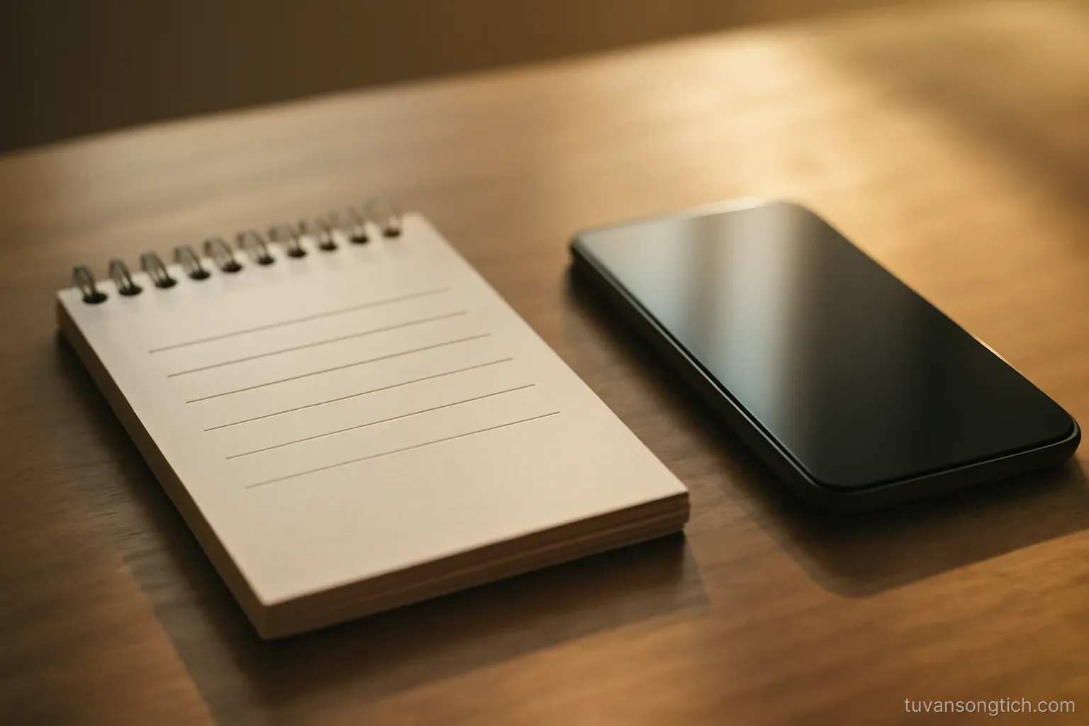 a notepad with four short lines written on it, a phone face down beside it, early morning light