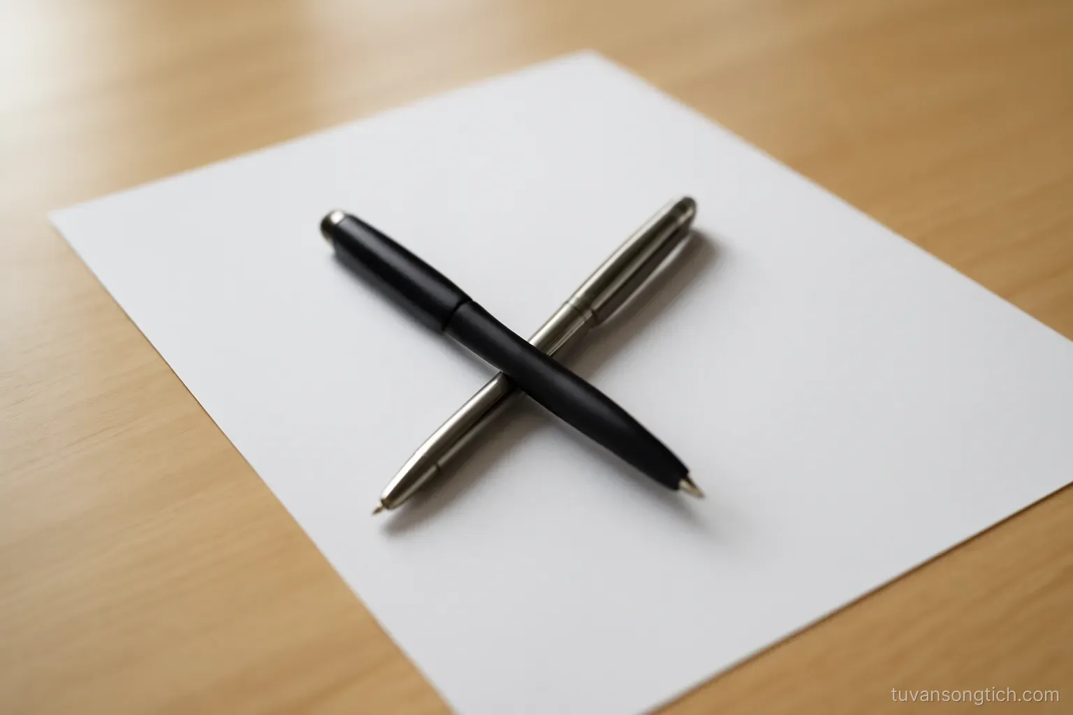 two pens lying crossed over a blank sheet of paper on a table, no writing visible