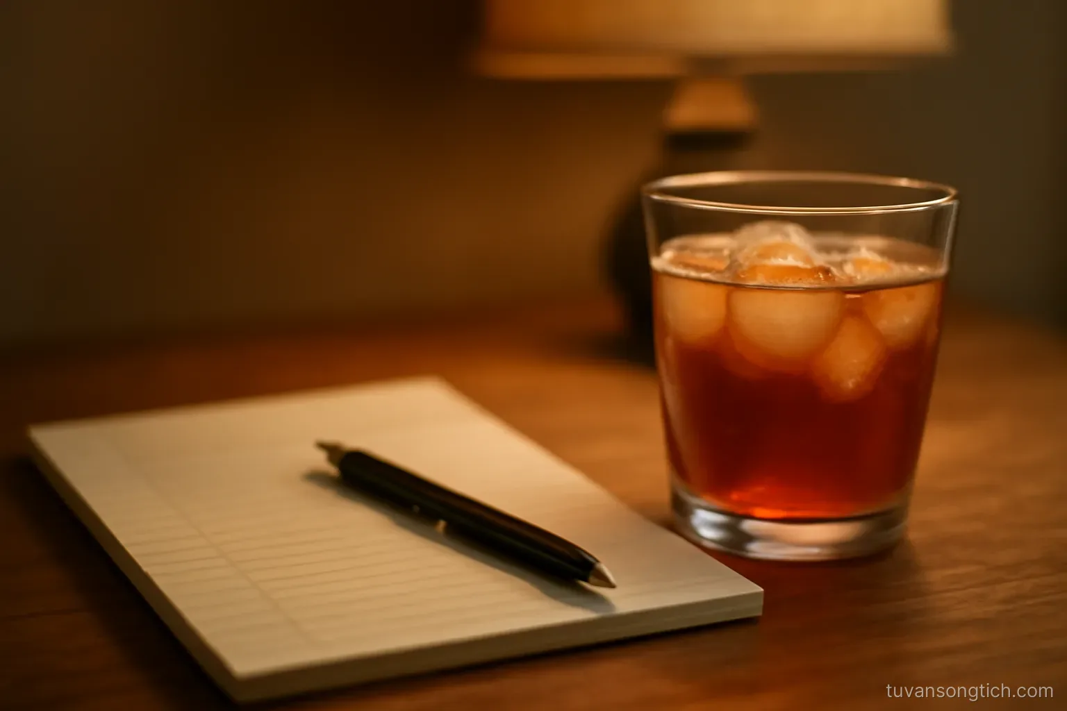 a handwritten list on lined paper beside a cold cup of tea, a pen laid across the page, evening lamp light