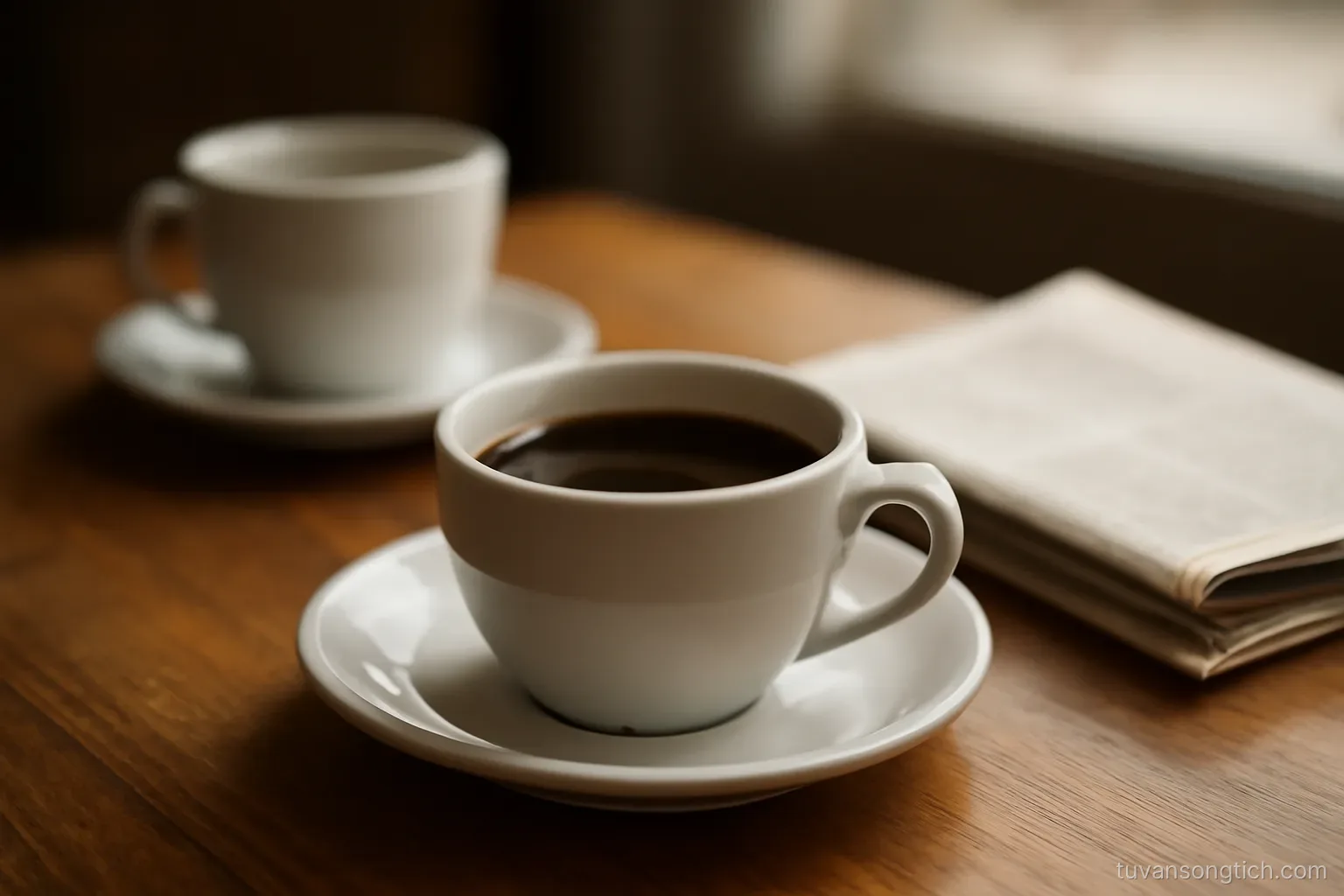 two coffee cups on a table, one still full, a folded newspaper pushed to the side