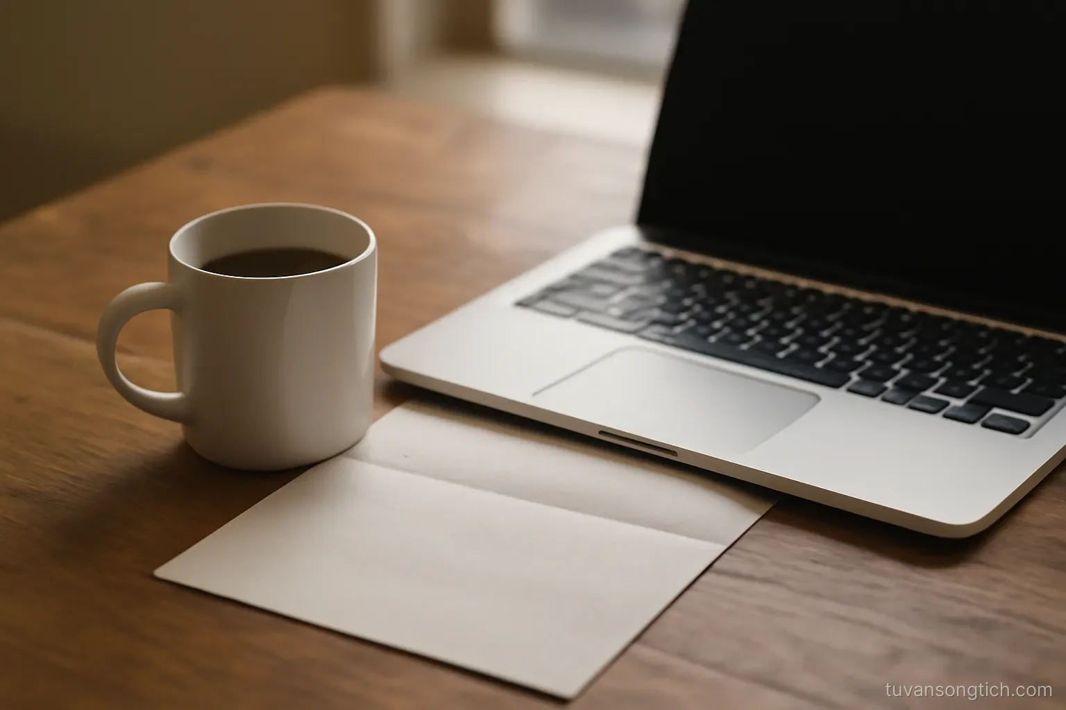 an opened letter on a table next to a laptop, a coffee mug holding down one corner of the page