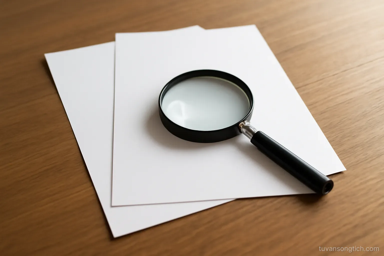 three documents fanned out on a wooden table, a magnifying glass resting on the middle one
