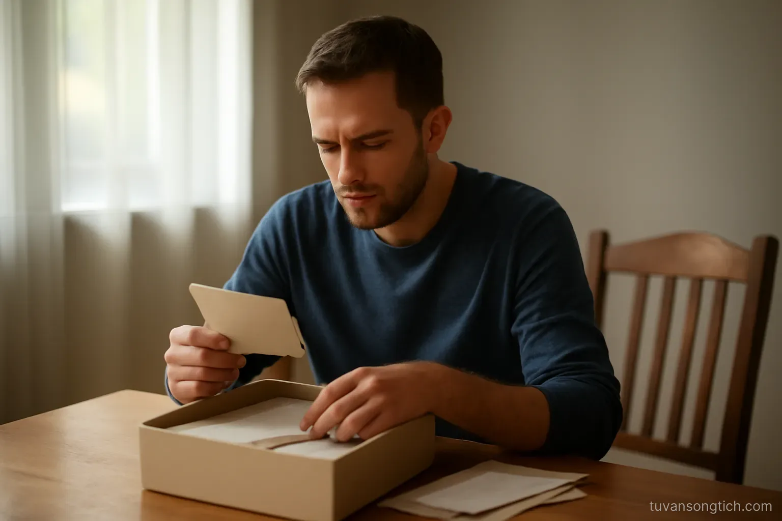 an adult son sorting through a shoebox of letters and photographs at a dining table, chair beside him empty