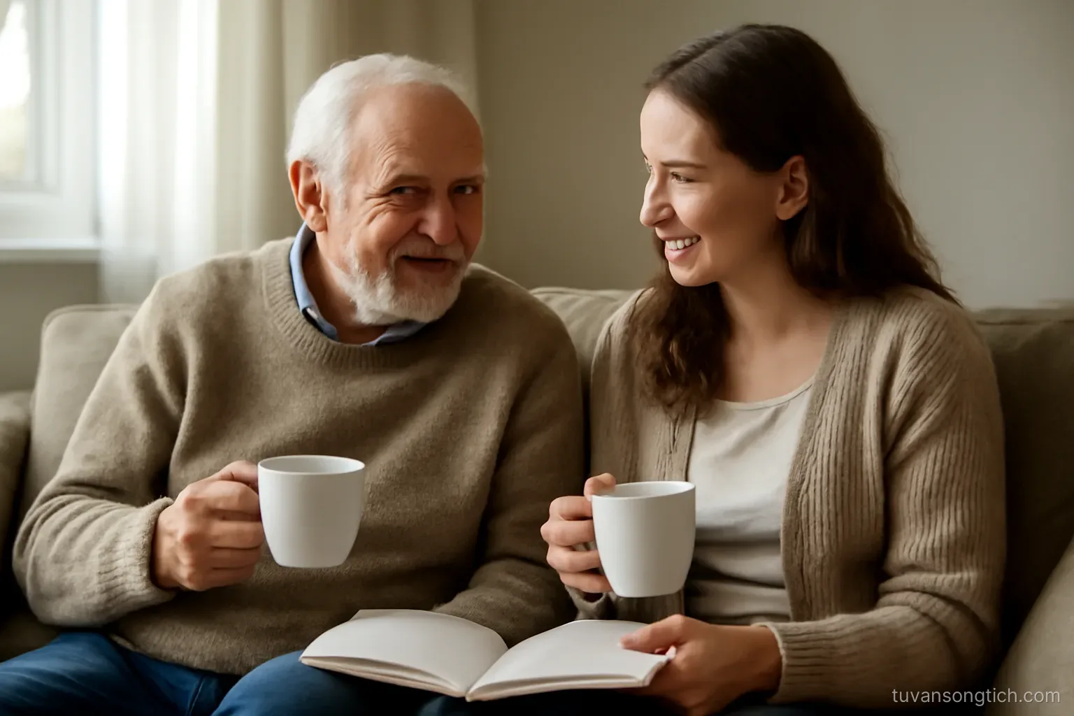 an elderly man and his adult daughter sitting on a sofa with tea, a notebook open between them