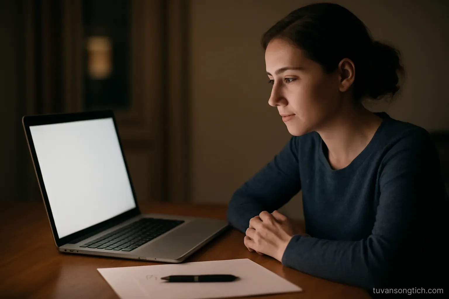 a woman on a video call at night, a printed document and a pen on the desk in front of her screen
