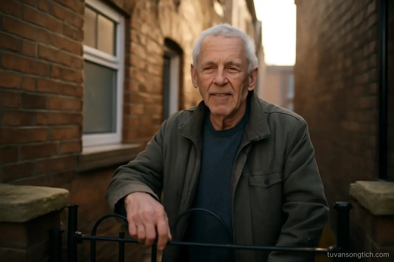 an older man standing at a gate of a narrow city house, hand resting on the metal railing, late afternoon