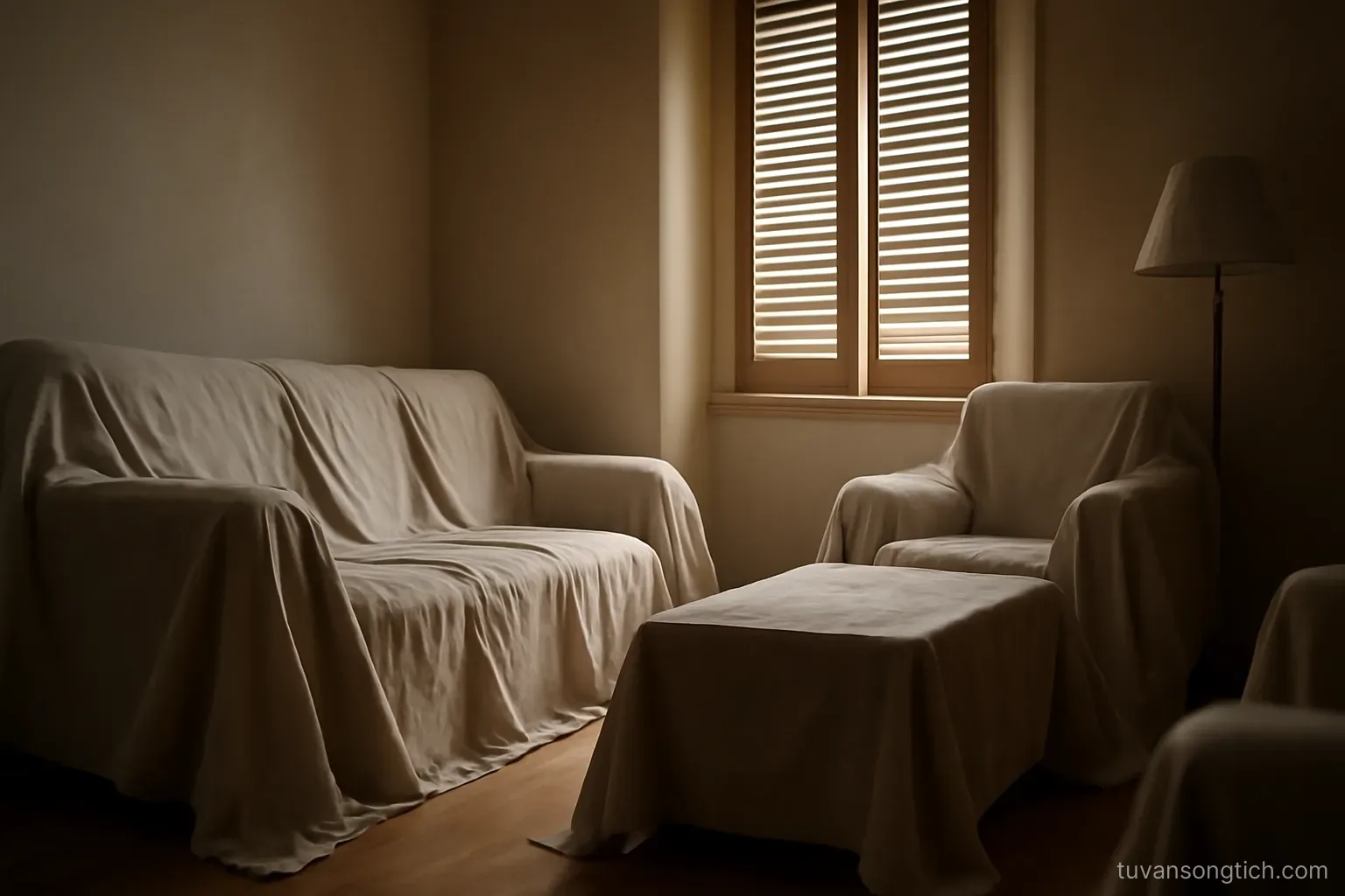 an empty living room with dust sheets over furniture, shutters half open letting in a strip of light