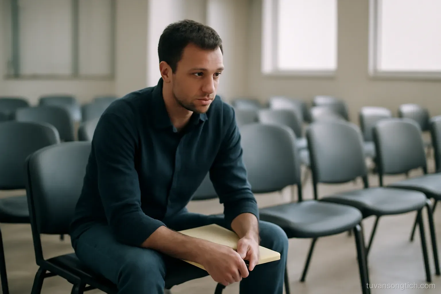 a man sitting alone in a waiting area, a thin folder resting closed on his knees, rows of empty chairs behind