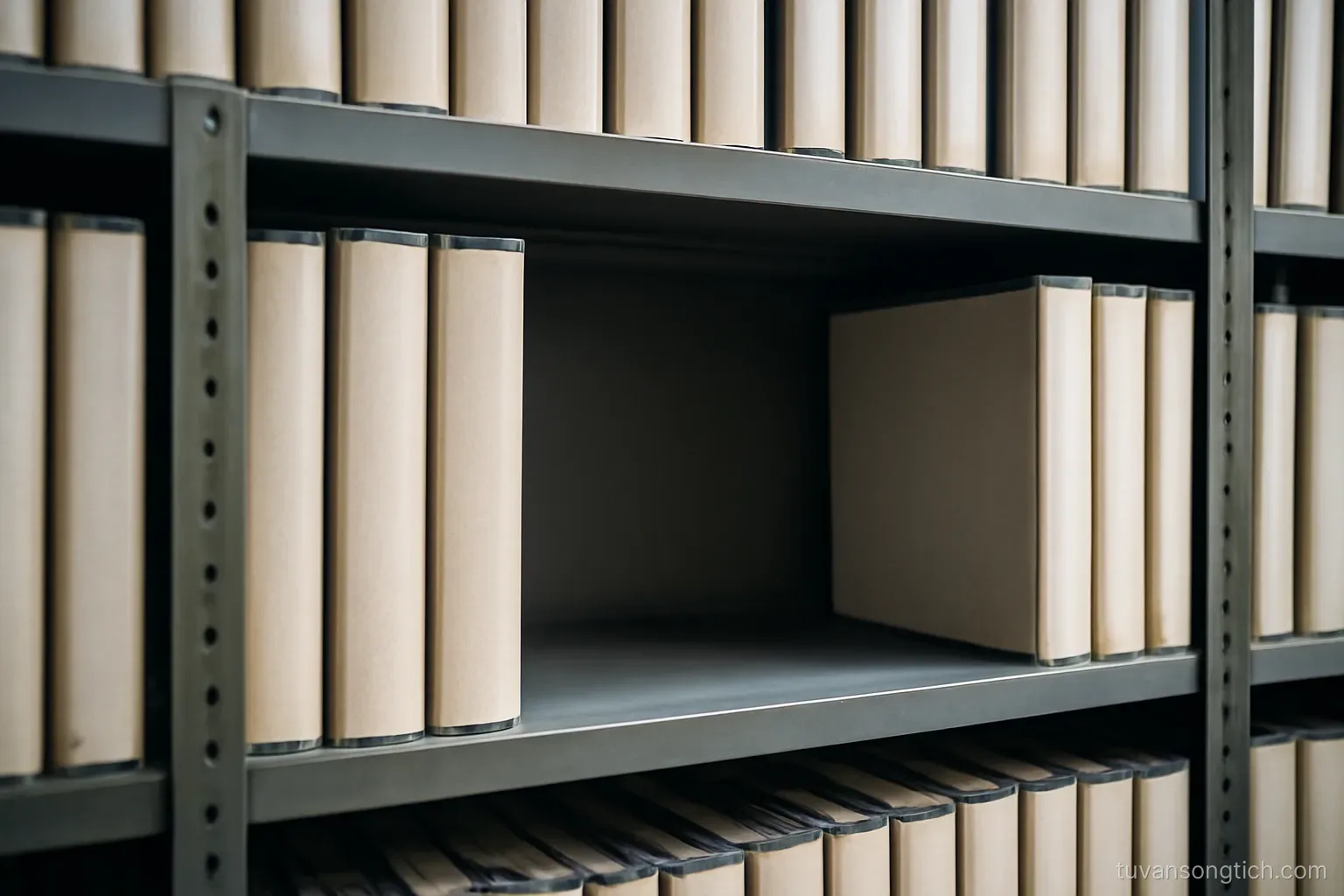 empty shelf space between rows of bound registers in a storage room, a gap where one volume should be