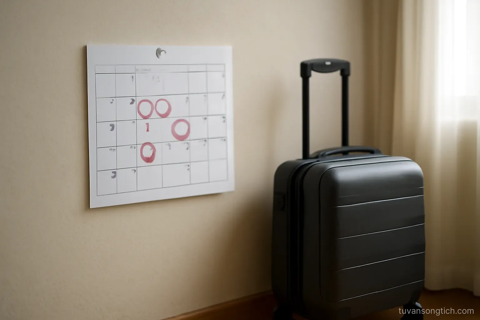 a calendar page pinned to a wall with several days circled, a suitcase standing in the corner of the room