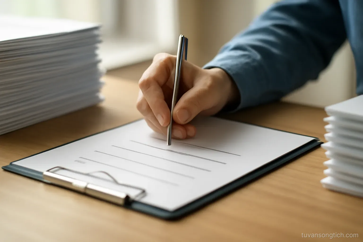 a person writing on a checklist beside a pile of documents, two separate stacks forming on either side