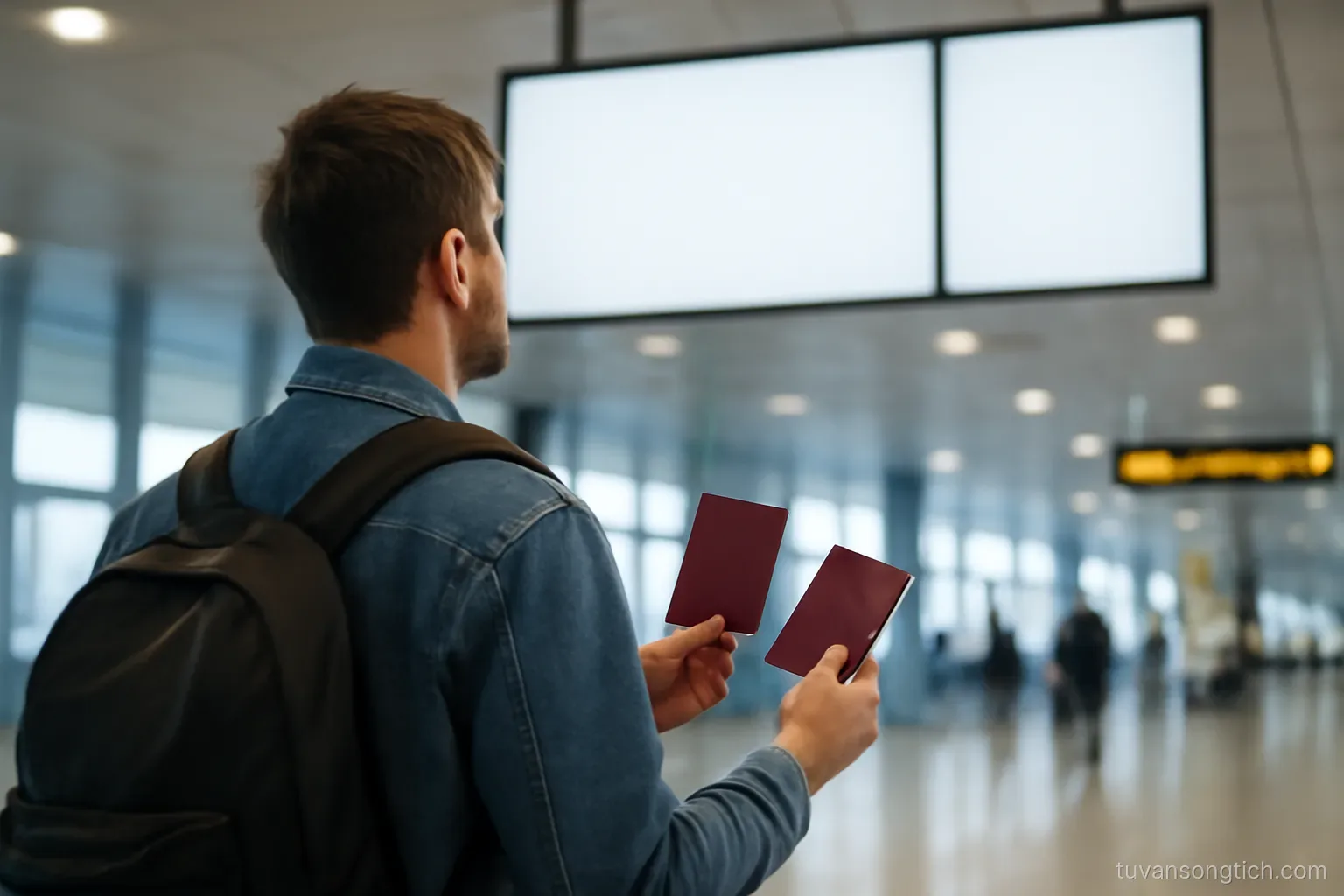 a traveller at an airport arrivals hall holding two passports, one in each hand, looking at a signboard