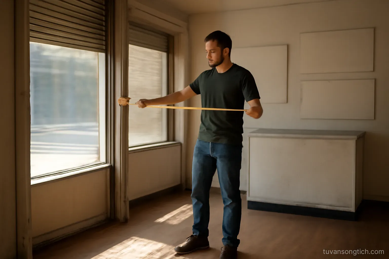 a man standing inside an empty small shopfront, measuring tape in hand, sunlight through open shutters