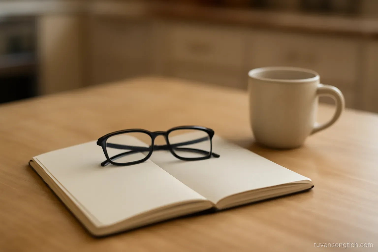 a pair of reading glasses resting on an open blank notebook beside a cup on a kitchen table